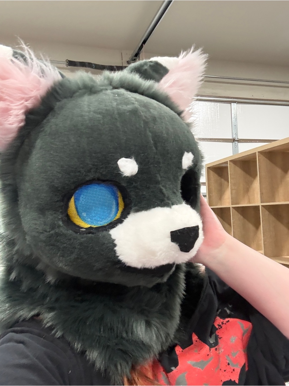 Plush Green and Pink Fursuit Head with Blue Eyes